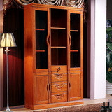 高档简约现代橡木精雕花书柜书架家用书房书橱带抽屉玻璃门储物柜