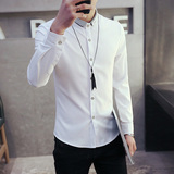 春季男装日系纯色衬衣 男士韩版修身弹力条纹领长袖衬衫C146P50