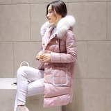 2015冬装韩版轻薄羽绒服中长款女连帽蕾丝大码大毛领加厚棉衣外套