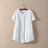 J412新款日系圆领短袖修身白色纯棉刺绣中长款女士夏季衬衫开衫