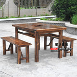 实木火锅桌椅组合碳化木家具火烧木餐桌餐椅电磁炉方桌长凳户外