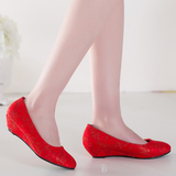 新款新娘鞋结婚鞋平底红色女鞋中跟坡跟红鞋婚礼鞋孕妇红单鞋绒面