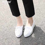纯莱秋季白色单鞋平底系带小白鞋真皮尖头公主女鞋平跟漆皮鞋D150