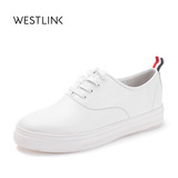 Westlink西遇女鞋2016秋季新款小白鞋女真皮圆头系带单鞋平底鞋