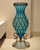 艺品红 欧式田园铁艺玻璃现代海蓝色透明百合富贵竹客厅落地花瓶
