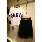 YNL2015韩国代购春夏新品 时尚气质纯棉短袖T恤网纱裙两件套装 女