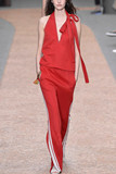 欧洲站新款时尚大牌气质性感V领上衣套装裤欧美走秀款时装女红色