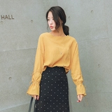 2016夏季新款女装  韩版修身显瘦上衣潮 灯笼袖圆领短款长袖T恤女