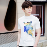 男士T恤高领短袖修身韩版夏季男装半袖冰丝棉3D印花男t恤高领汗衫