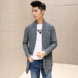 2015秋冬季韩版学生灰黑色翻领中长款修身针织开衫毛衣外套男士潮