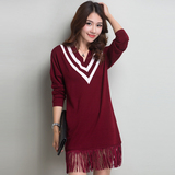 2015秋季女装新款韩版修身中长款针织衫流苏打底衫套头毛衣女裙