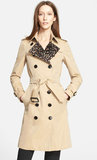 名品美国代购Burberry女装欧美高档英伦豹纹修剪纯棉风衣新款外套