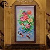 欧中式手绘油画玄关现代客厅装饰画九鱼图竖版牡丹花正品风水挂画