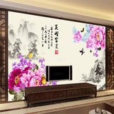 中式牡丹花开富贵电视背景墙壁纸3d卡通沙发玄关定制壁画艺术壁纸