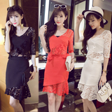 蘑菇街搭配套装2015秋装韩版女装性感蕾丝拼接V领不规则裙 两件套
