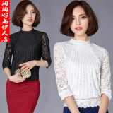 2016春装新款韩版立领中袖蕾丝打底衫显瘦修身大码上衣女T恤小衫