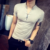 夏季韩版夜店立领男士紧身短袖T恤休闲修身型体恤半袖潮流上衣服