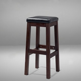 美式酒吧椅简约现代实木餐椅高脚凳水曲柳吧台凳黑胡桃色真皮垫PU
