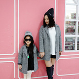 2015冬季亲子装母女装加厚灰色羊毛呢料大衣外套中长款韩版母子装