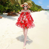 韩版宽松显瘦雪纺碎花马尔代夫海边度假吊带红色短款沙滩连衣裙夏