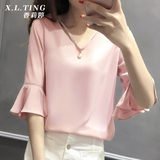 2016夏季新款韩版荷叶边袖纯色性感领口镂空纯色宽松短袖T恤女