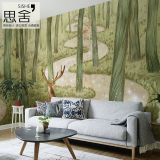 思舍手绘树林创意壁纸个性定制客厅背景墙纸大型无缝壁画唯美鹿林