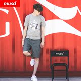 MUSD潮牌男装2016夏季新款纯棉弹力灰色猴子修身印花短袖T恤体恤