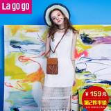 Lagogo/拉谷谷2016年夏新款纯色圆领中长款流苏连衣裙FBB959G533