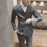 秋冬男式韩版修身加厚双排扣条纹西服三件套英伦潮流青年休闲套装