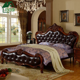 欧式真皮床深色 古典美式双人床 橡木实木床1.8米 卧室家具