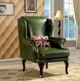 欧式单人沙发 绿色拉扣高背老虎椅子 复古怀旧皮艺沙发椅可定制