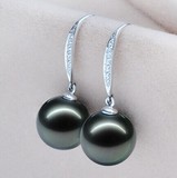 11-12MM大溪地黑珍珠925纯银天然海水珍珠耳环 饰品