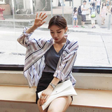 2016夏季女装新款韩版宽松显瘦防晒衫上衣撞色条纹学生中长款衬衣
