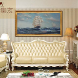 纯手绘古典欧式大海帆船油画横幅巨幅客厅壁画办公室装饰画包邮