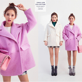 2016秋冬新款韩版修身显瘦紫色毛呢外套女装中长款加厚呢子大衣潮