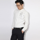 韩国冬款新品时尚飞鸟刺绣加绒简约长袖衬衫男士青年英伦修身衬衣