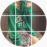 2016夏装新款字母宽松V领长袖T恤防晒罩衫韩版潮女装原宿bf风绿色
