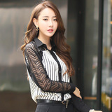 2016春装新款韩版大码条纹蕾丝拼接长袖衬衫时尚百搭修身短款衬衣