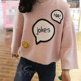 2016新款韩国代购可爱粉色笑脸短款套头针织衫毛衣