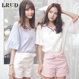 LRUD2016夏季新款韩版V领撞色拼接短袖T恤女宽松喇叭袖百搭上衣