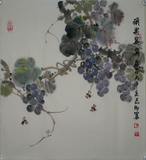 吴志刚斗方（154）写意画水墨花鸟画中国画葡萄蜜蜂《硕果累累》