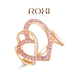 ROXI饰品专柜正品外贸畅销款手饰奥地利水晶玫瑰金粉钻双心戒指