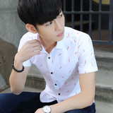 新款夏季潮男装韩版衬衫短袖男士青少年修身休闲纯棉印花日系寸衬