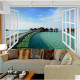 大型壁画客厅沙发3d立体电视背景墙壁纸壁画无缝窗户海景风景