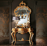 意大利风格奢华玄关实木雕刻金箔玄关桌 欧式古典案台玄关镜组合