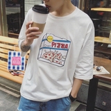 韩版男女bf原宿风中袖T恤日系宽松七分袖夏季卡通半截袖7分上衣服