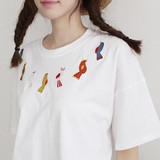 夏季新款 森系复古小鸟刺绣图案宽松简单款短袖T恤夏女学生女