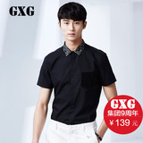 GXG男装 夏装新品 男士衬衣修身款黑色印花领短袖衬衫男#52123003