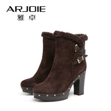 Arjoie/雅卓女鞋短靴粗跟侧拉链高跟马丁靴女英伦短筒女靴冬靴E25