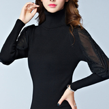2016秋冬新款韩版中长款高领毛衣女套头针织衫长袖气质蕾丝打底衫